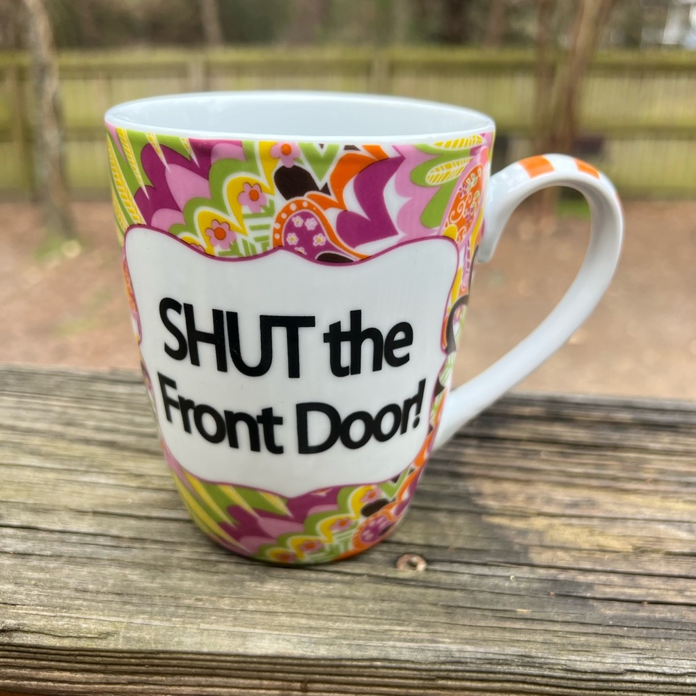 Pier 1 Mudpie 2013 Shut The Front Door Paisley Floral Print Coffee Mug